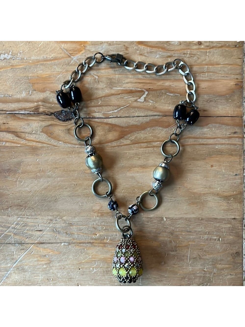 20” Pam Hiran Anthropologie Chunky Boho Teardrop Beaded Pendant Necklace
